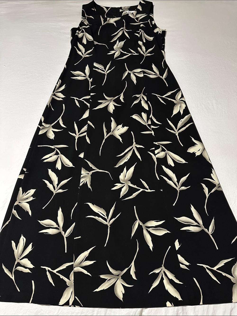 Dress Barn Black Maxi Dress with Cream Leaf Print